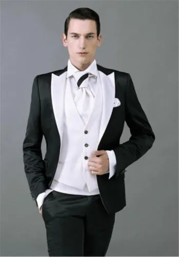 Modny przycisk Groomsmen Peak Lapel Groom Tuxedos Mężczyźni Garnitury Ślub / Prom / Dinner Best Man Blazer (Kurtka + Spodnie + Kamizelka + Kamizelka) A157