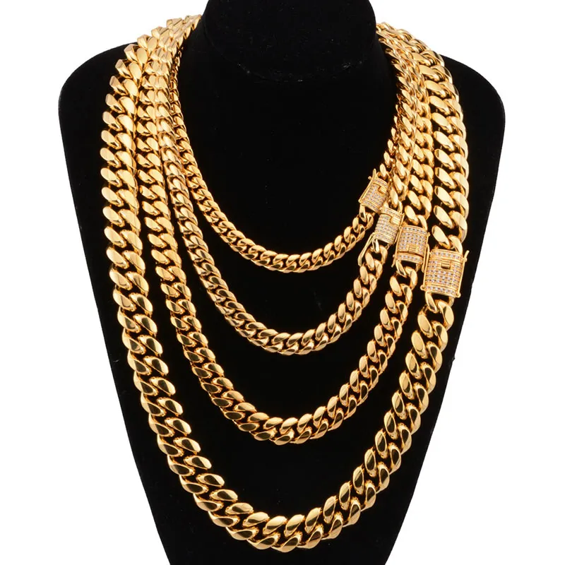 8-18mm Wide Stainless Steel Cuban Miami Chains Necklaces Cz Zircon Box Lock Big Heavy Gold Chain for Men Hip Hop Rock Jewelry