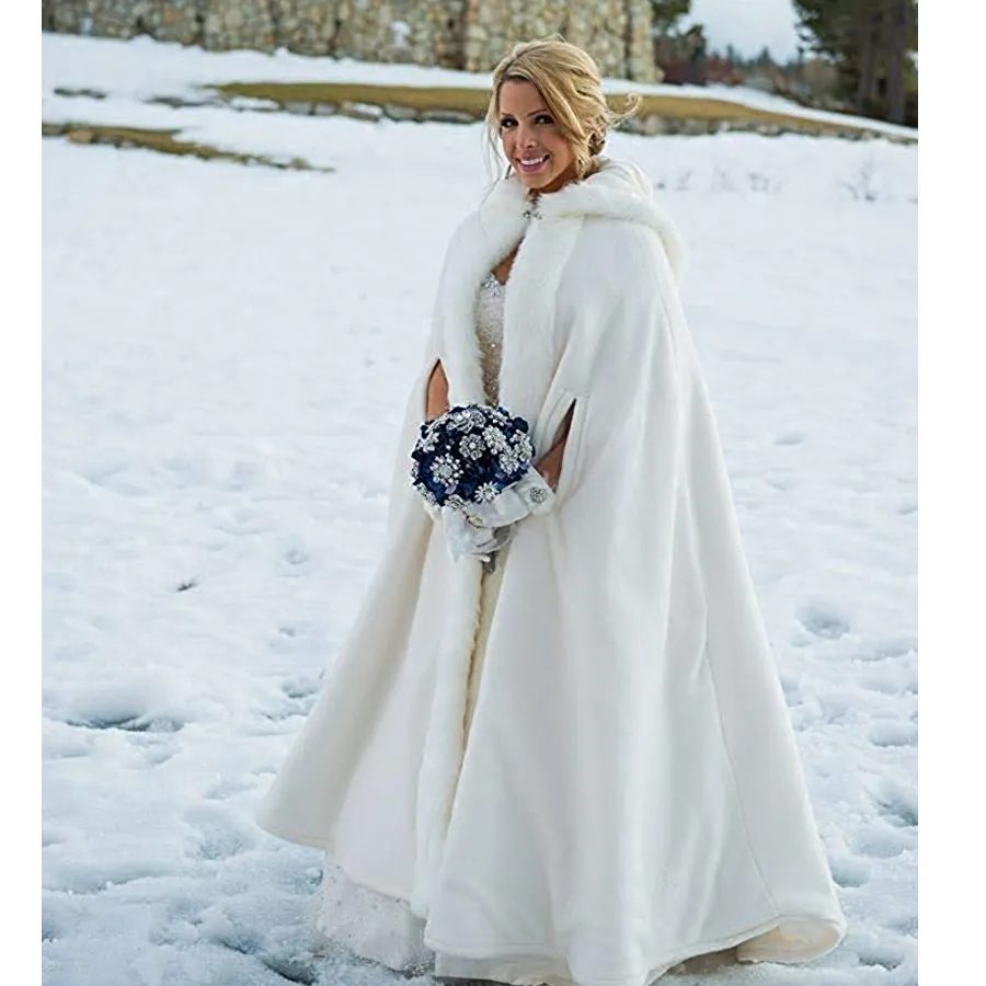 Caldo rivestimento in pelliccia sintetica Mantello da sposa invernale Splendidi mantelli da sposa Con cappuccio Avvolgimenti per feste lunghi Giacca Avvolgente bianco/avorio