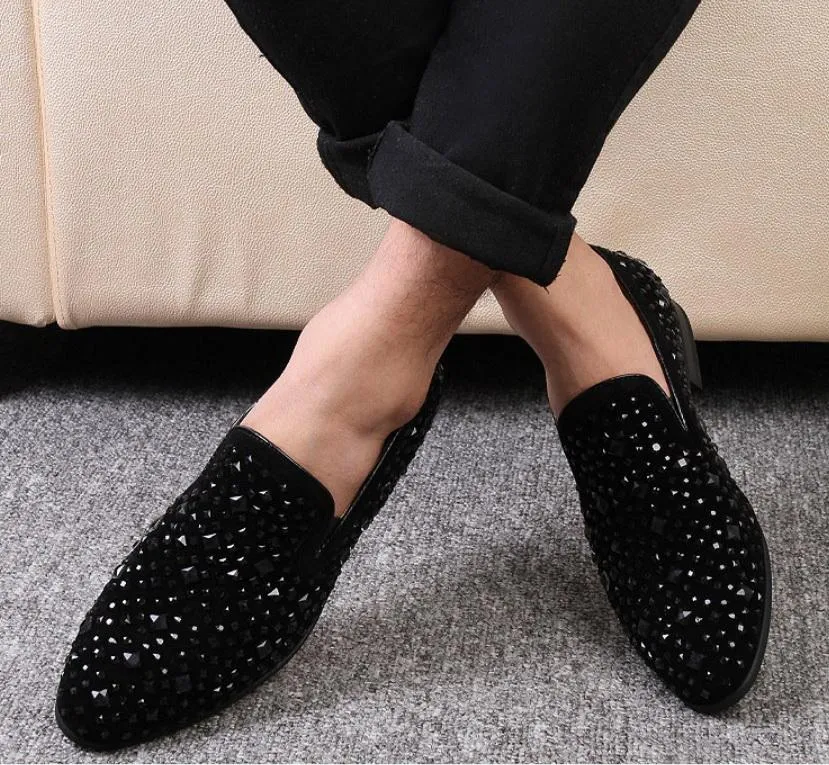 Hot Sale-Black Spikes New Mens Mocassins Chaussures Denim Et Métal Paillettes Haute Qualité Casual Hommes Chaussures