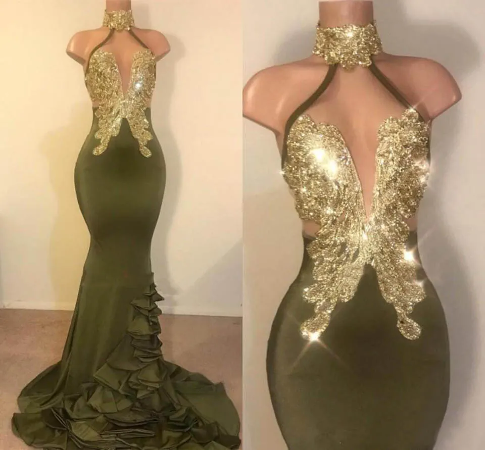 Sirena sexy Verde oliva Vestidos de baile HalterVestido de fiesta hecho a medida Cuello Apliques dorados Sin espalda Satén elástico Vestidos largos de noche Vestidos