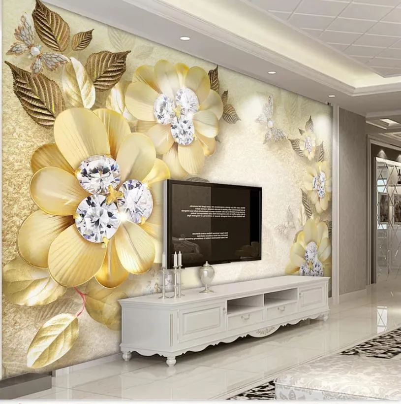 Carta da parati 3d murales sfondo muro gioiello di seta fiore diamante dorato per soggiorno