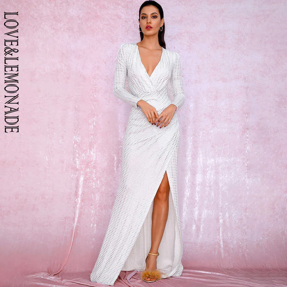 Sexy White Deep V Neck Glitter Sequins Maxi Dress with Cut Out Puff Sleeves for Women 2024 Spring