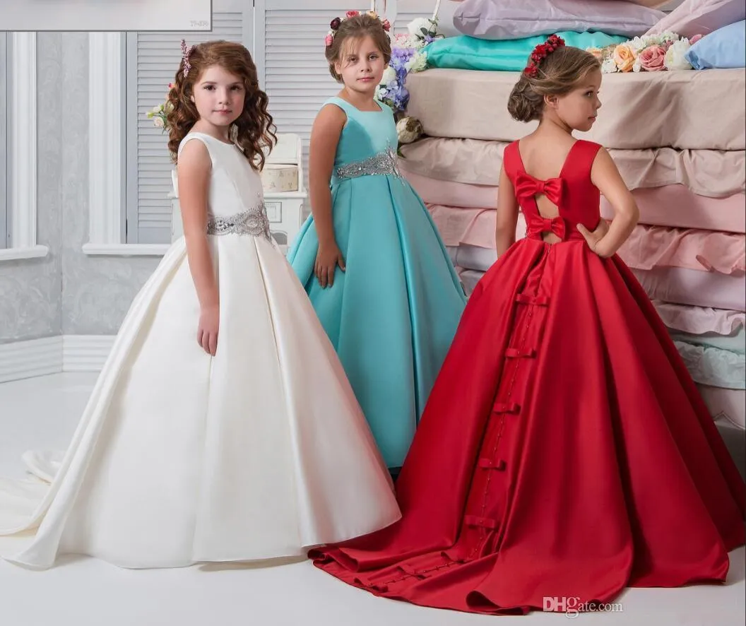 Mooie foto kleur en ivoor kleur bloem meisjes jurken kralen kant geappliceerd bogen pageant jurken voor kinderen bruiloft