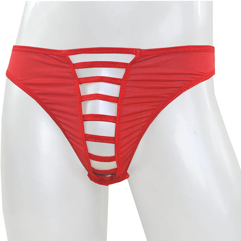 Candy Color Stripe G-string Men Sexy Hole Thongs Novelty Stretchy Briefs Comfortable See Through Underpants Open Pouch Panties