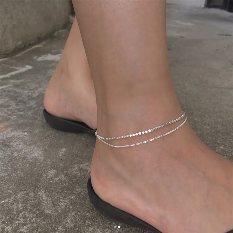 Nuevo estilo de verano 925 plata esterlina doble capa cadena tobilleras pulsera moda romántica cuentas planas sandalia tobillera pie joyería