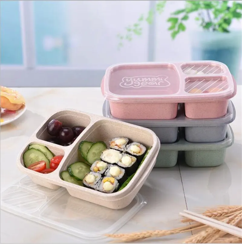 Pszenica Słoma Bento Boxes 3 Siatki Student Przenośne Przenośne Przechowywanie Żywności Outdoor Camping Snack Fruit Lunch Box Różowy Niebieski