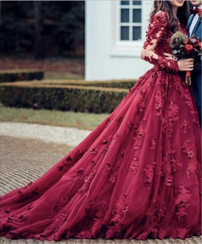 Vintage Burgundy Beaded Muslim Burgundy Gown For Wedding With 3D Flower Lace And Full Sleeves Saudi Arabic Robe De Mariee 2019 From Babydress001 71.31 DHgate.Com