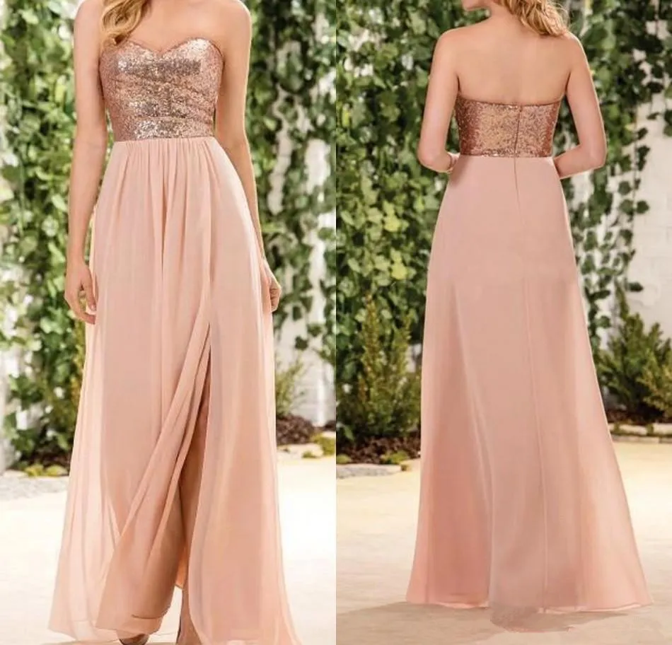 Rose Gold Sequined A-Line blush sequin bridesmaid dresses with Sweetheart Neckline and Side Split - Perfect for Beach Weddings and Parties