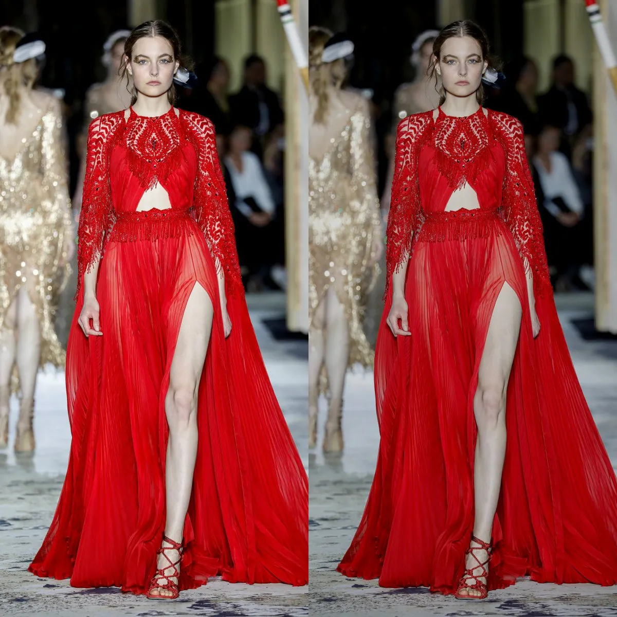 Zuhairmurad Red Customized Mermaid Evening Langhülle formelles Kleid Tüll Spitzenapplikation Kristall Quaste Split Party Brautjungfernkleid