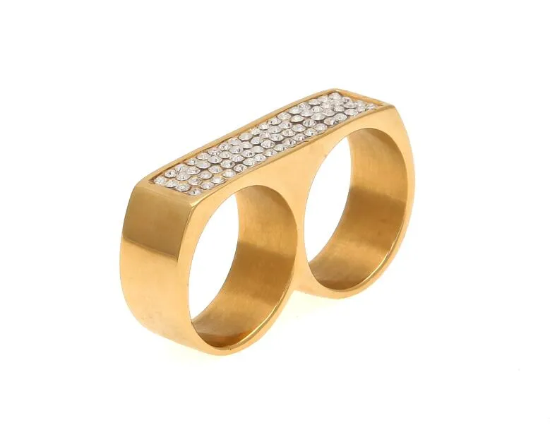 Nya Coola Två Finger Ringar Hip Hop Full Iced Out Rhinestones Rostfritt Stål Guld Silver Färg Män Punk Party Ring Storlek 9/10