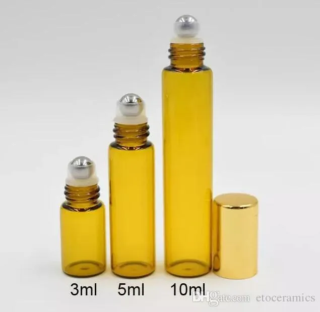 Nachfüllbare bernsteinfarbene 3 ml, 5 ml, 10 ml Roll-on-Duft-Parfüm-Glasflaschen, Flaschen mit ätherischen Ölen, Stahl-Metall-Rollerball, auf Lager, per DHL-frei