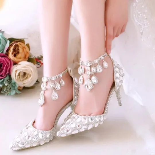 Plus size 33 34 to 40 41 42 Cinderella Rhinestone Wedding Shoes Luxury Women Designer Shoes 7cm Sexy High Heels Come With Box