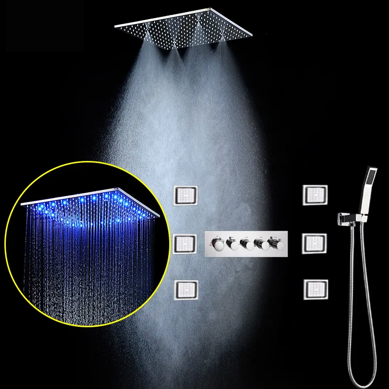 Banyo Yağmur Duş Seti 16 inç / 20 inç SUS304 Tavan LED Duş Başlığı Sistemi Termostatik Mikser Duş Bataryaları Masaj Vücut Jetleri