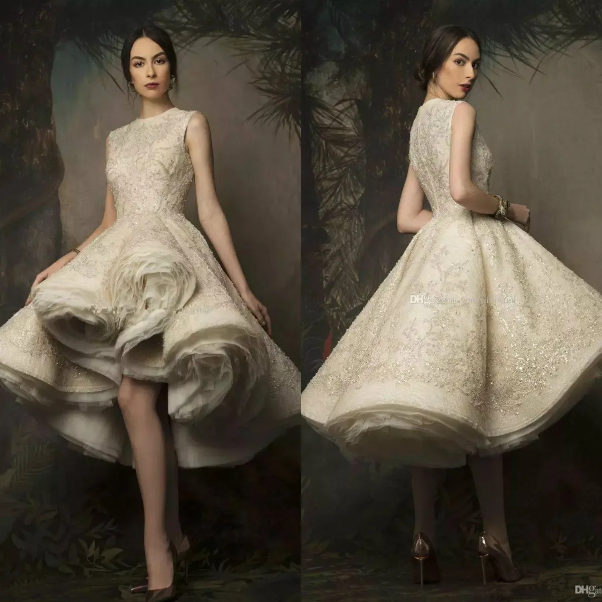 Alta Baixa Vestidos de Baile Vestidos de Noite 2019 Krikor Jabotian Jewel Decote Sem Mangas Na Altura do Joelho Renda Vestidos de Baile com Lantejoulas e Pérolas