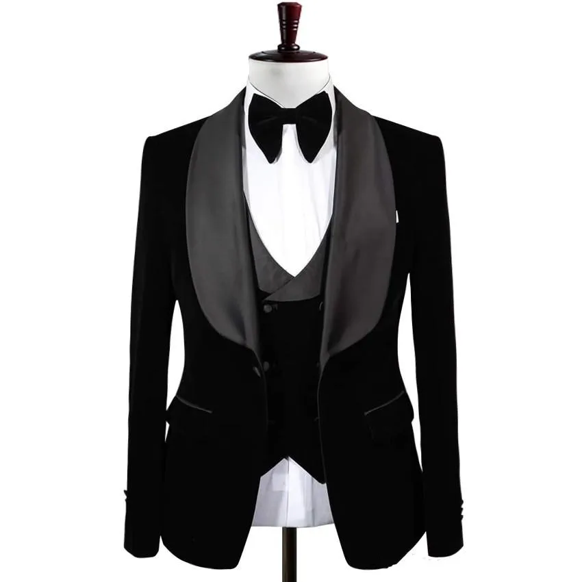 Handsome One Button Black Velvet Groom Tuxedos Shawl Lapel Men Wedding Party Groomsmen 3 pieces Suits (Jacket+Pants+Vest+Tie) K120