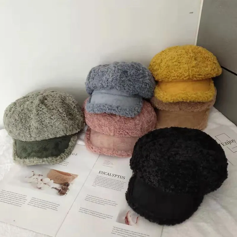 nouvelle mode hiver de femme Newsboy Cap femme agneau Faux casquette de baseball de fourrure en peluche Vintage octogonal Béret Femme