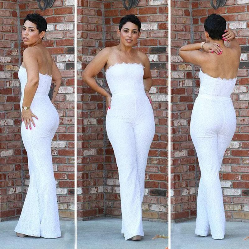 2020 Formal Women Pant Suits for Wedding Ivory Lace Strapless Fitted Bodice Column Pants White Lace Sexy Jumpsuits and Rompers