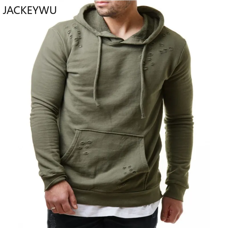 Sudaderas con capucha de marca para hombre 2019 otoño moda agujero Sudadera con capucha Color puro manga larga hombre pulóver cremallera lateral ropa informal estilo Hip Hop