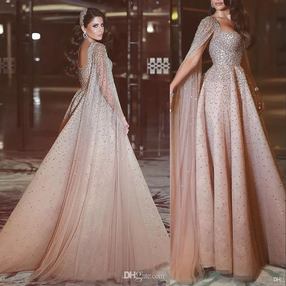 Nowy Sexy Blush Różowy Arabski Suknie Wieczorowe Nosić Crystal Koraliki Sweetheart Backless z Cape Long Plus Size Formal Party Dress Suknie Prom Suknie