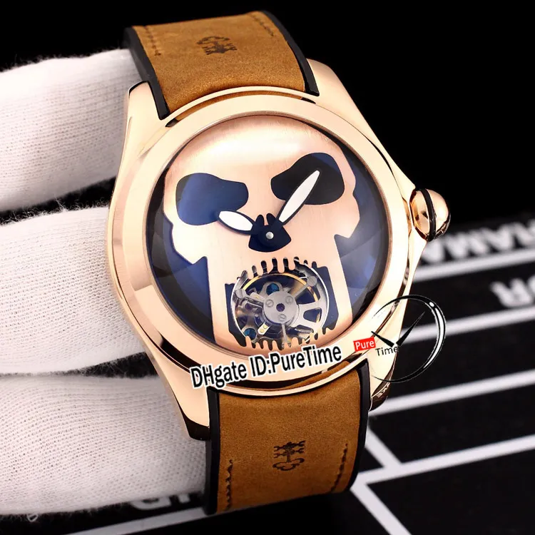 Nuovo orologio da uomo 45mm Admiral's Cup Bubble Tourbillon automatico in oro rosa quadrante nero oro teschio in pelle marrone orologi in gomma Puretime E22c3
