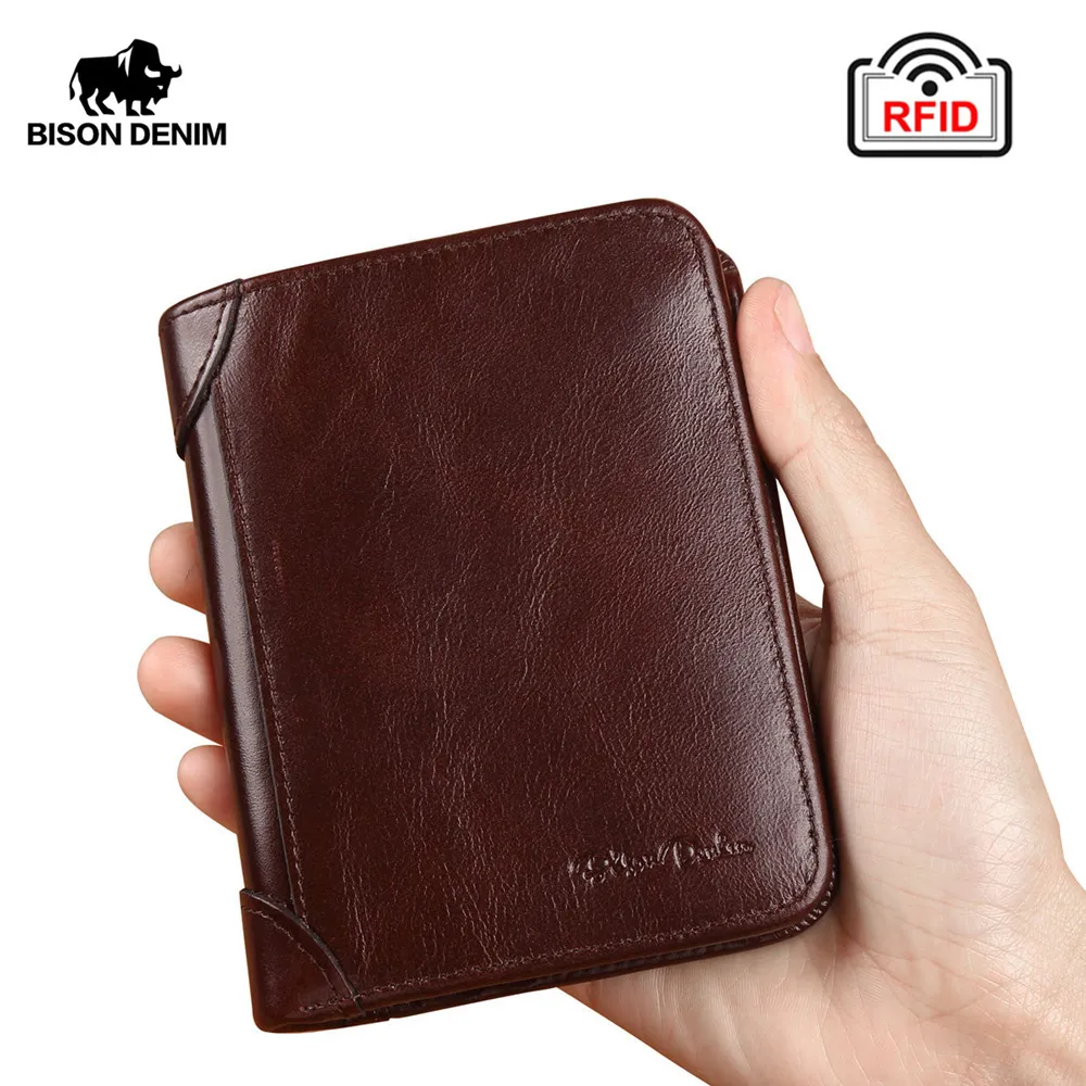 Bison Denim Famous Brand Retro Vintage Genuine Leather Wallet Male Rfid Men Wallets Card Holder Zipper Small Wallet W4361 Y19052104
