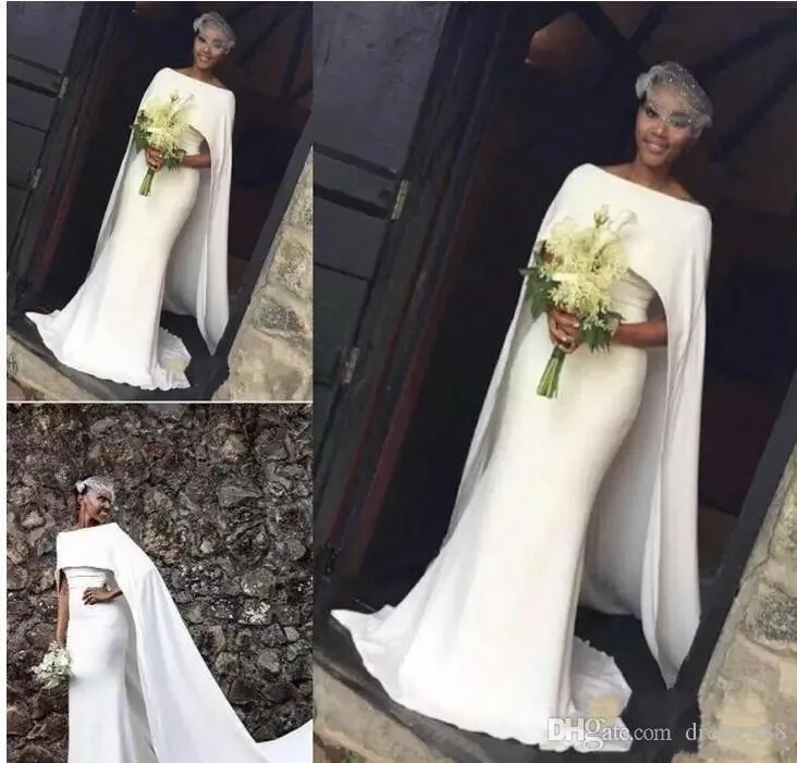 Senaste Satin Mermaid Wedding Dresses African Girl With Cape Zipper Back Arabiska brudklänningar Bröllopsklänningar275R