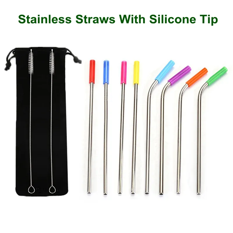 10pcs/Set 8.5'' 10.5'' Drinking Straws 304 Stainless Steel Metal With Silicone Tip Cover Cleaning Brush Black Bag for 20/30OZ