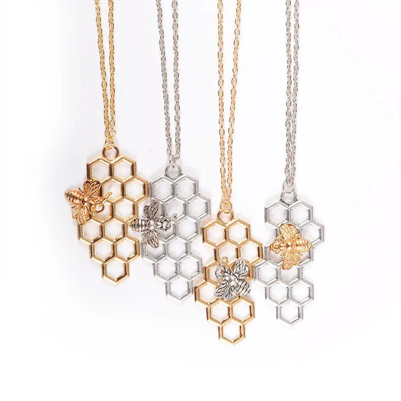 Colares De Bee Honeycomb Jóias Womans Colar Geométrica Senhoras Pingente Cadeia Amantes de Prata Cor Estendia Liga Coreana Collares