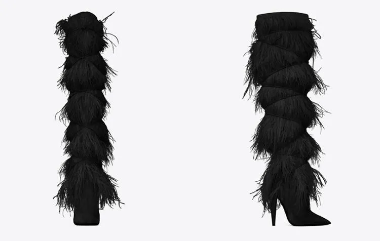 Free shipping 2019 suede leather Ostrich hair Tassel high heels SHOES pillage toes Thigh-high booties catwalk long knee boots size 34-43 01