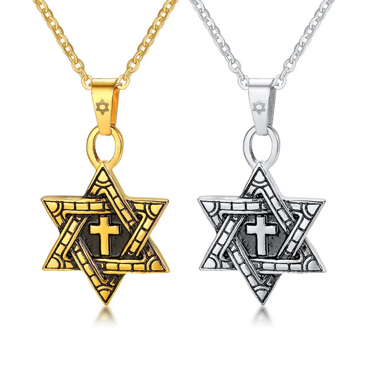 Acier inoxydable Unique Maçonnique Juif Charme Pendentifs Or Argent Religieux Hommes Hexagramme Étoile De David Religion Collier Pendentif Bijoux