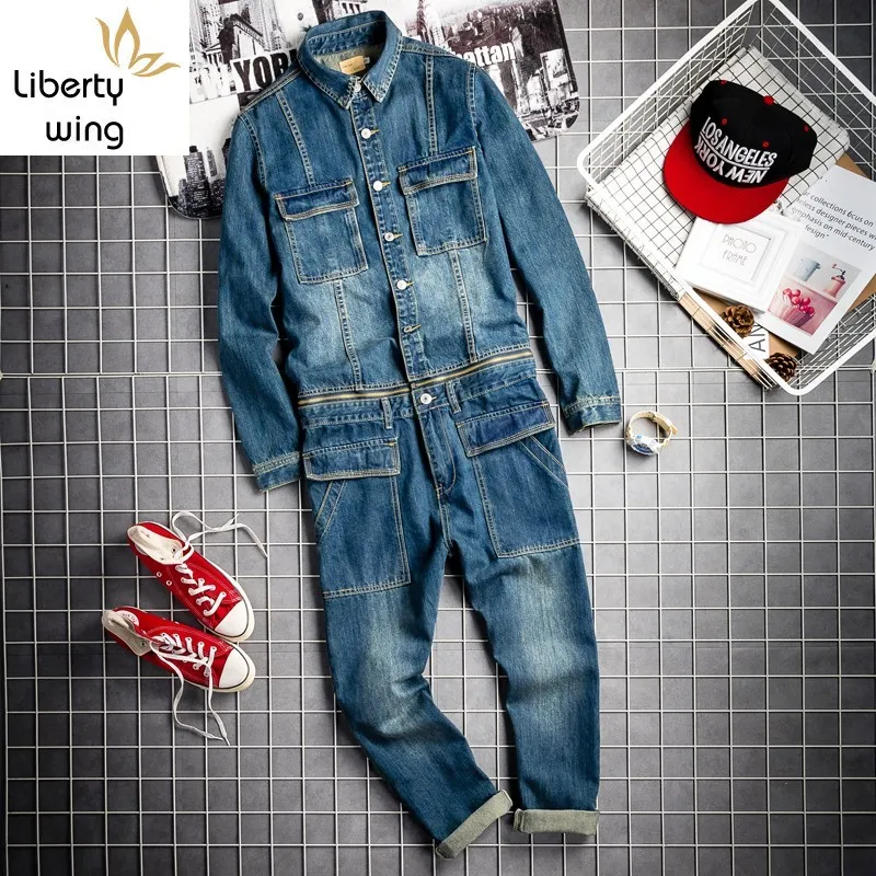 Jeans da uomo Primavera Autunno Mens Vintage Staccabile Denim Denim Carico Compagni Hiphop Manica Lunga Top Pantaloni dritti Pantaloni dritti Big Size Pagliaccetti Tuta maschile