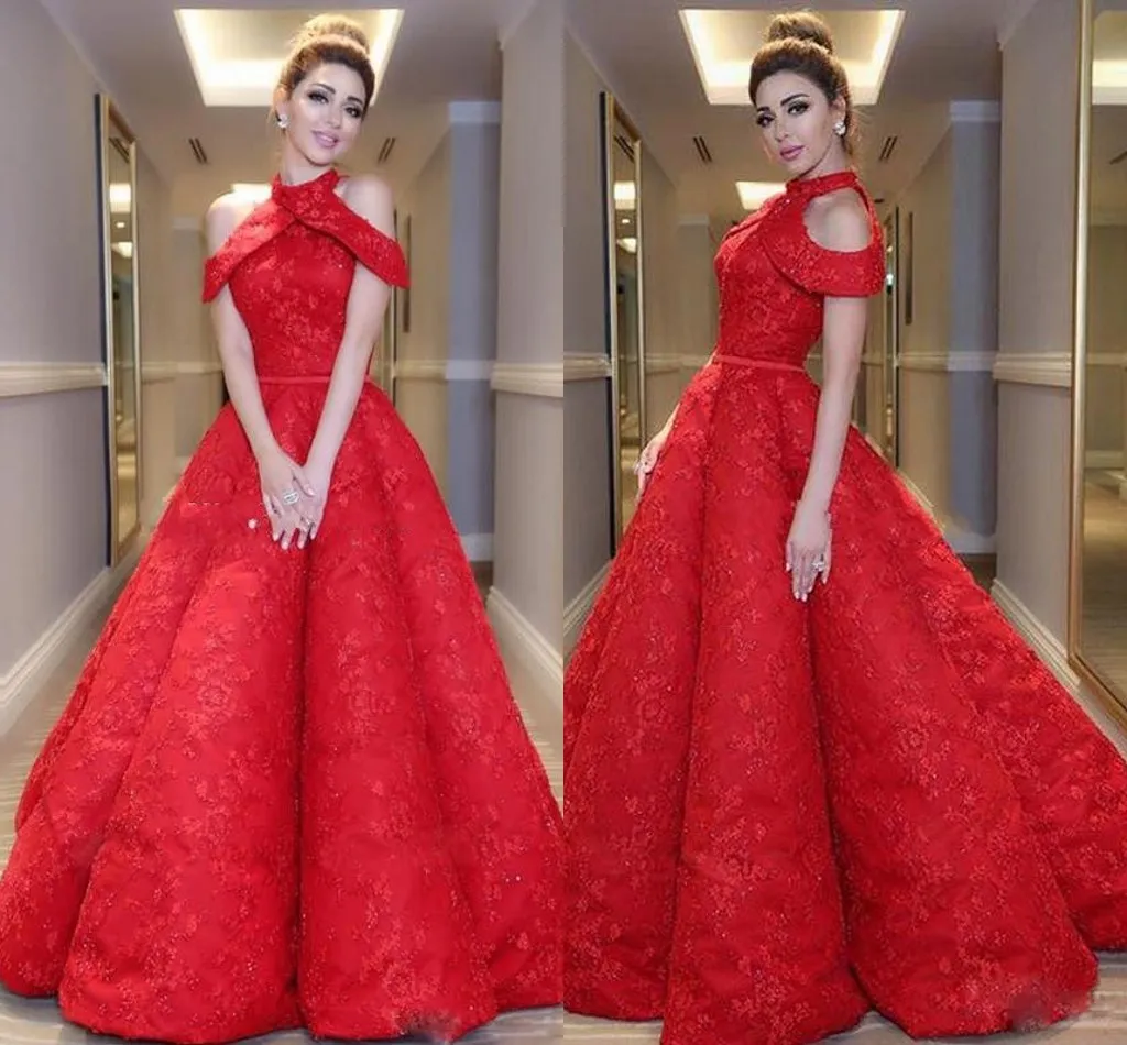 Red árabe Dubai Prom Vestidos Long High Collar Lace Appliques Boaded Formal Nights Vestidos Celebridades Cóctel Vestido