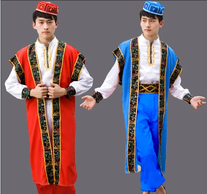 Mannen Dance Costumes Xinjiang Uygur Kleding Chinese Minority Kleding, Stage Performance, Herenkleding met Hoed