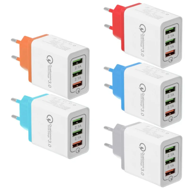 Chargeurs muraux à 3 Ports QC3.0, Charge rapide, trois adaptateurs de téléphone USB, prise EU US, Charge rapide pour téléphone intelligent iPhone Samsung