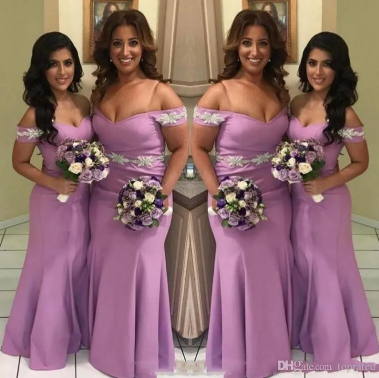 Vestidos de dama de Honor largos de sirena con hombros descubiertos de color morado claro, apliques de encaje satinado, vestidos de dama de Honor hasta el suelo para bodas