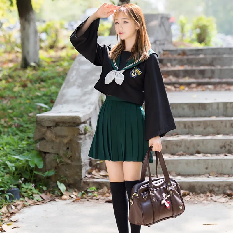 Groothandel-HP Slytherin Girls Womens Cosplay Kostuums Lolita Sailor JK Uniform Rok Sets