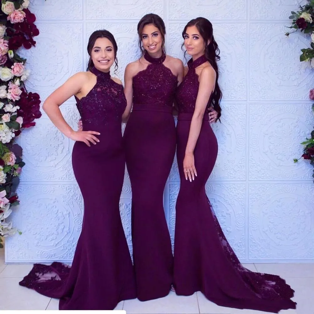 Bourgogne Satin Mermaid Bridesmaid Dresses 2021 Halter Lace Beaded Wedding Guest Prom Grows Backless Sweep Train Maid of Honor Dress Al4293