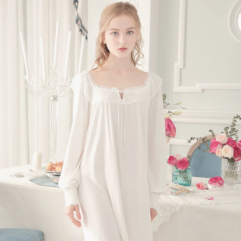 Sweet Lace Princess Nightgowns Long Sleeve Cotton Pink White Nightdress  Retro Long Sleepwear Elegant Lady Sleeping Dress HZL46 From Derricky,  $60.07