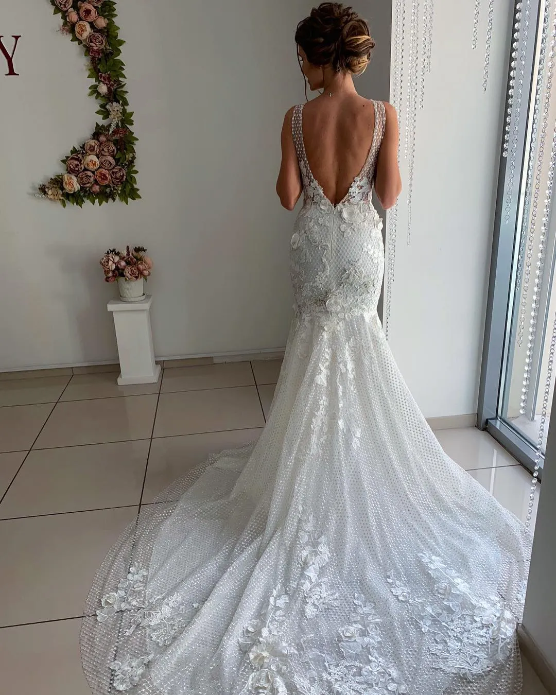 Beaded mermaid applique wedding dress with Backless Design, Plunging Neckline, 3D Applique, and Sweep Train - Graceful Bridal Gown