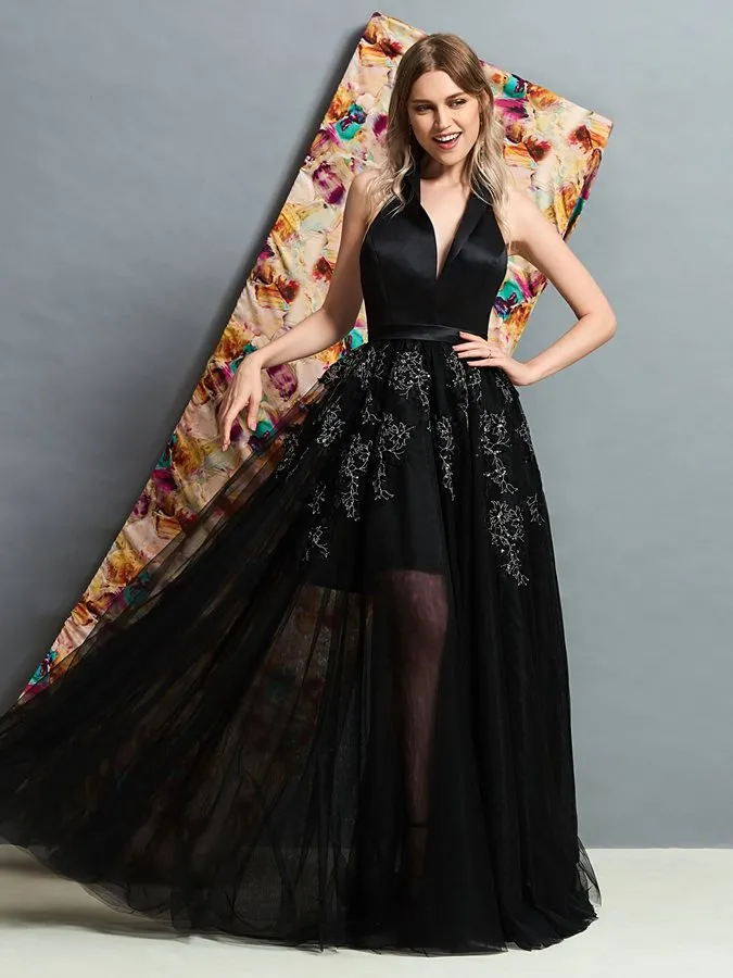 Black Backless Lace Evening Dress - Alluring V-Neck Prom Gown, Beaded  A-Line Tulle Formal Dress, Floor Length Evening Gown from Dhgate Evening  Dresses - price 254.36
