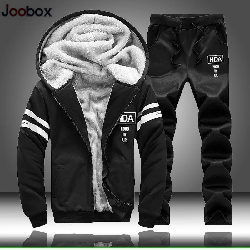 Moletom com capuz de fleece dos homens de tracksuit conjunto 2019 inverno moletom quente movimentando-se homme hoodie grosso + calças sportswear tracksuit top e calças