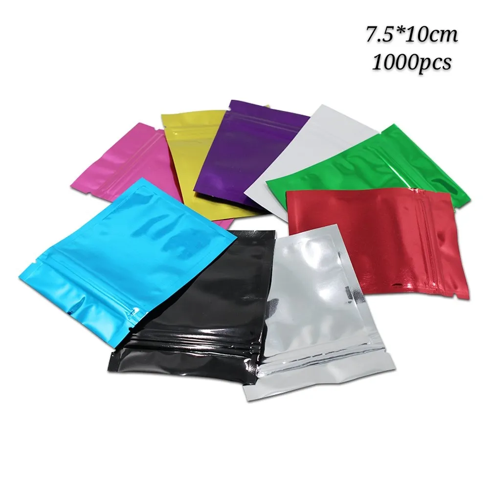 7.5 * 10 cm 1000 sztuk Kolorowe Zip Lock Mylar Pac Pouteragess Torby Power Płaskie Dolne Zamek Zipper Uszczelnianie Pakowanie Wouches Prezent i Craft Pack Bag