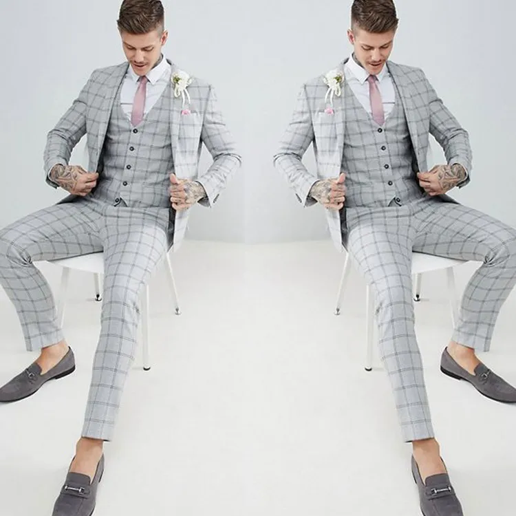 Ekose Damat Smokin Açık Gri Erkek Düğün Takım Elbise Çentikli Yaka Moda Erkekler Balo Yemeği Blazer Suit (Ceket + Yelek + Pantolon)