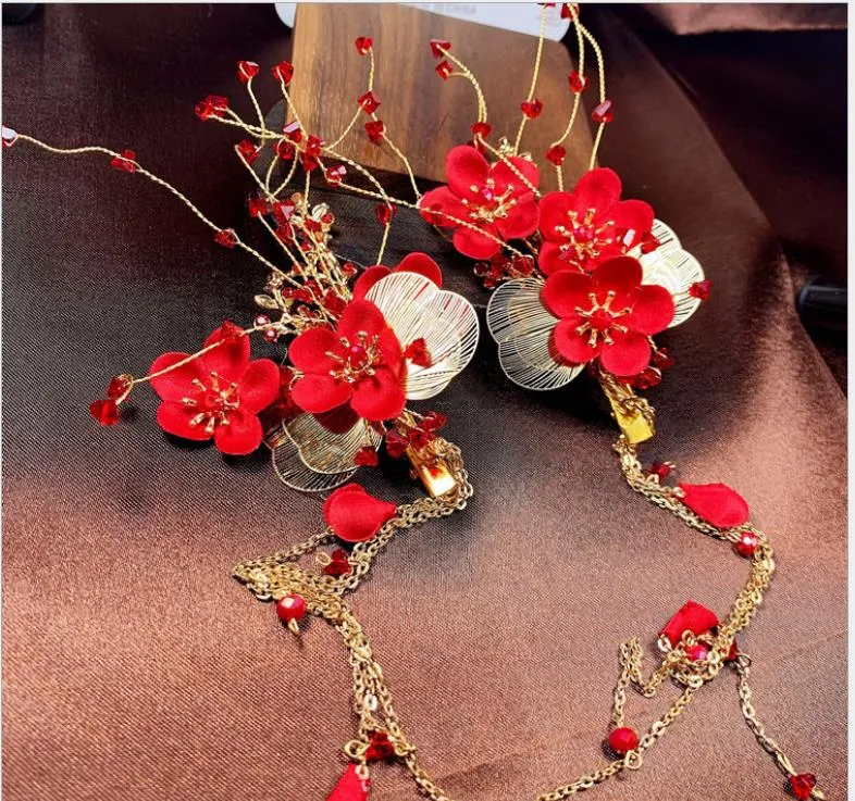 Bride wedding headdress red Hanfu head flower Chinese hairpin new toast clothing hair accessories wedding evening dress accessories