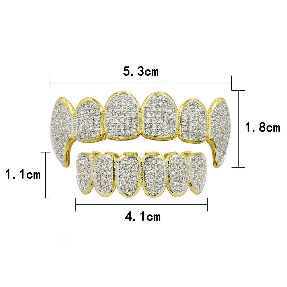 18k Real Oro Oro Punk Hiphop Dental Bouth Grillz Brettura Bling Cubic Zircon Rock Vampire Denti Grills Grills Rapper Cap dente Ebraico Jew7789552