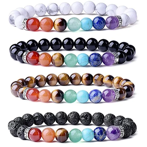 Armband mit 7 Chakra-Strängen, Heilung, Yoga, Stretch-Perlen, natürlicher Edelstein, Energiekristall, Achat, 8 mm, rundes Armband für Damen und Herren