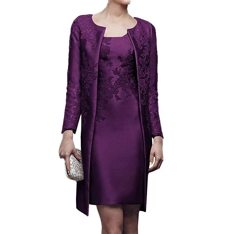 Short Knee Length mom dress with and Long Sleeves - Lace Satin Wedding Guest Party Gown