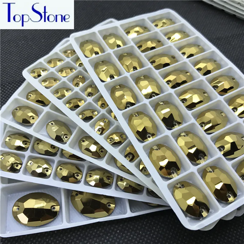 Topstone ouro Hematita Oval costurar em strass Cristal Flatback Ouro Sew-on roupas Pedras Para Vestido