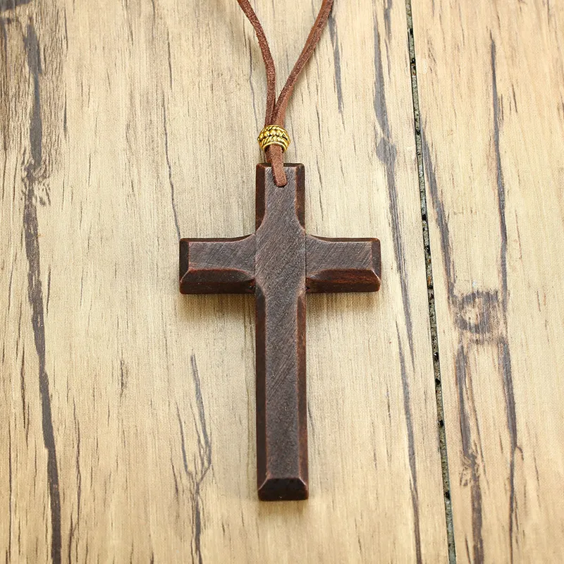 Grand collier en bois avec cordon en cuir sculpté à la main, foi jésus, bijoux pour hommes, 5454133